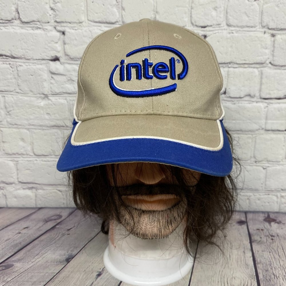 Intel Hat Cap Strap Back Brown Blue Embroidered Logo Computer Processors Retro